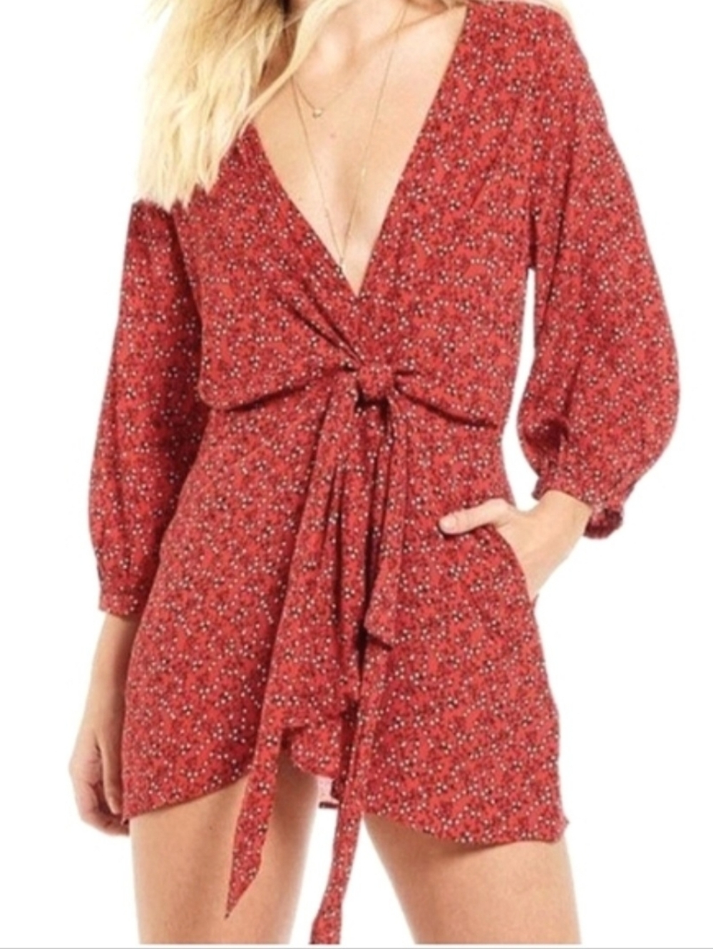 Free People Clara Tie-Front Red Floral Mini Tunic Dress